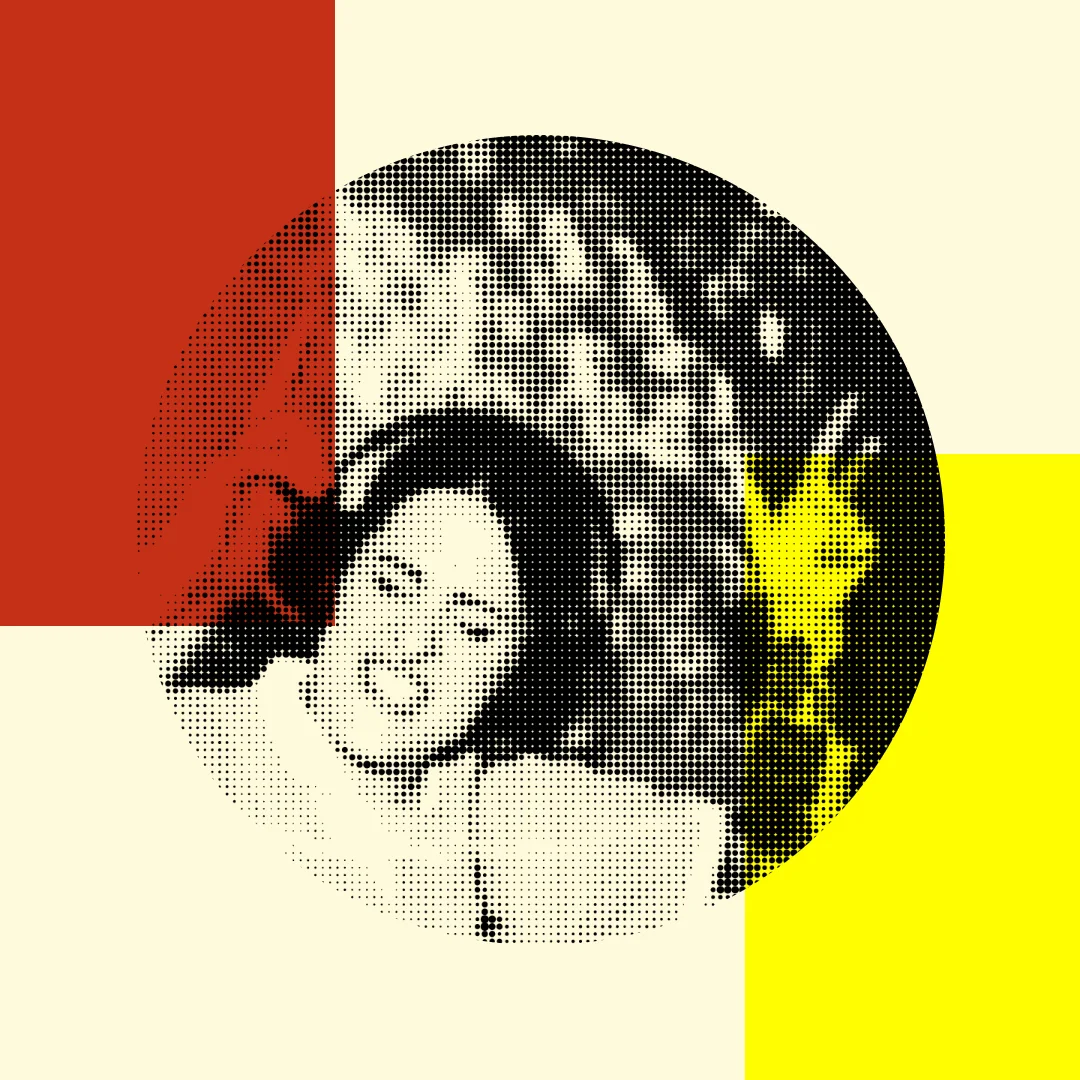 Editing Room: a DJ with her arms up, printed in dots in a circle between red and yellow