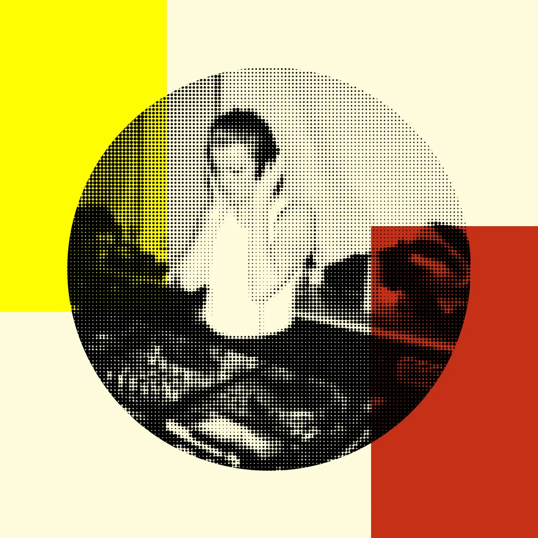 Editing Room: a DJ holding her headphones, printed in dots in a circle between yellow and red