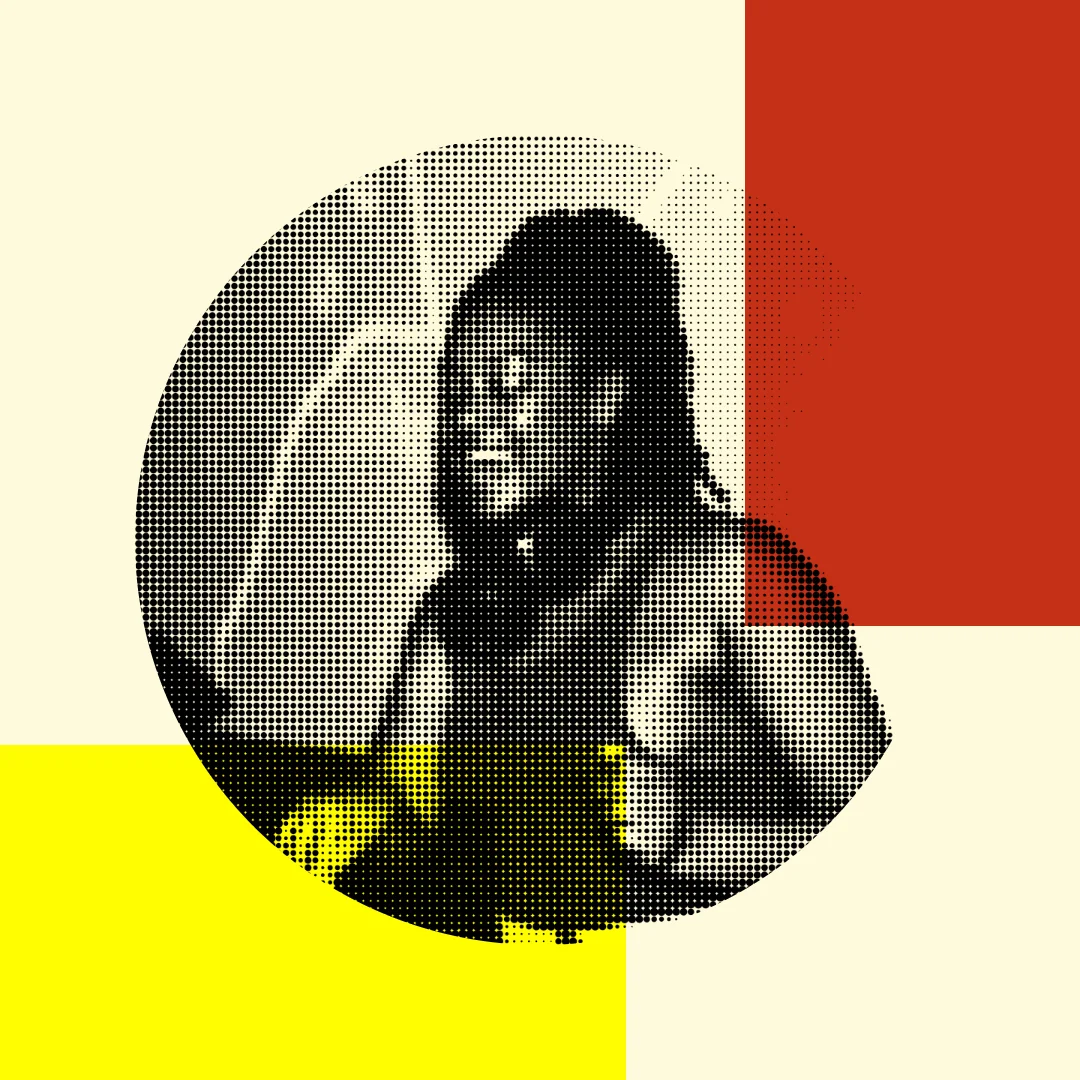 Editing Room: a DJ smiling at the decks, printed in dots in a circle between red and yellow