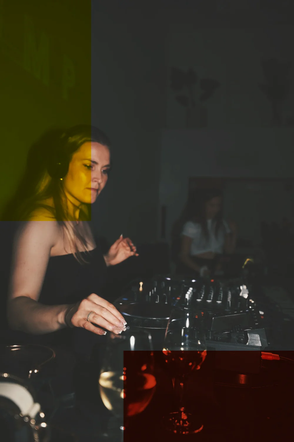 A DJ at the decks, two glasses of wine in front