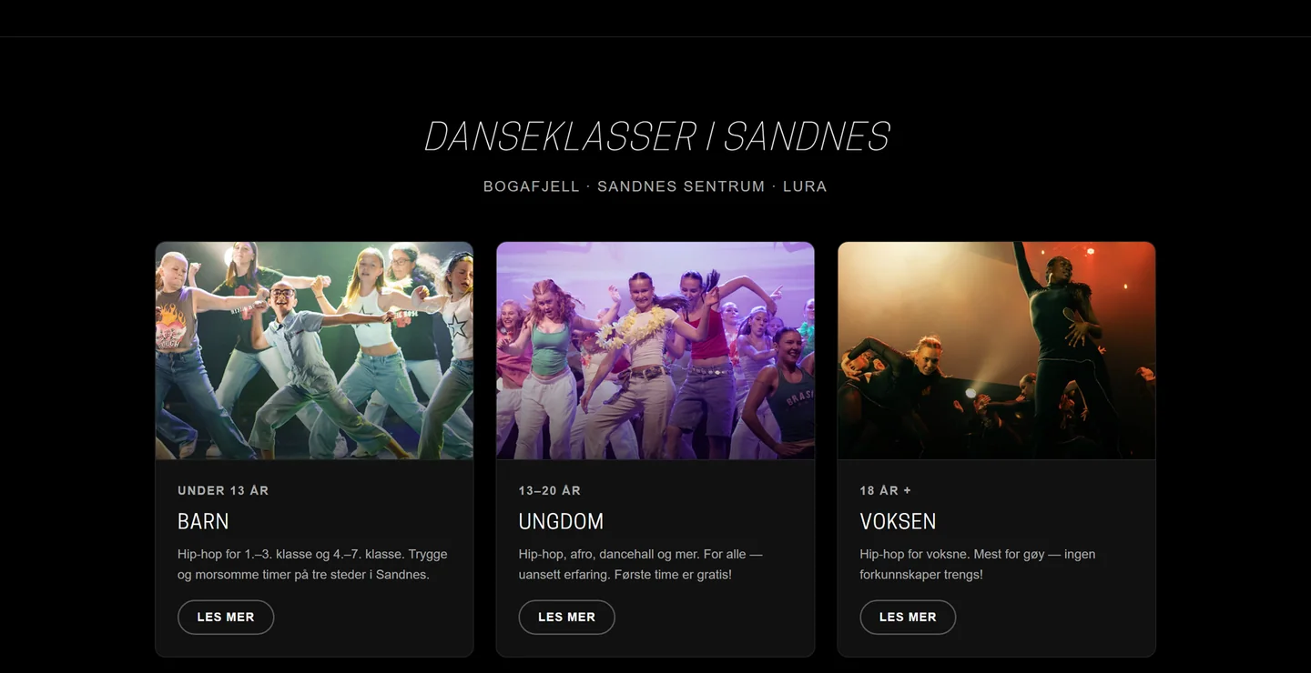 The Core Dance Studio website, class listings for children, youth and adults
