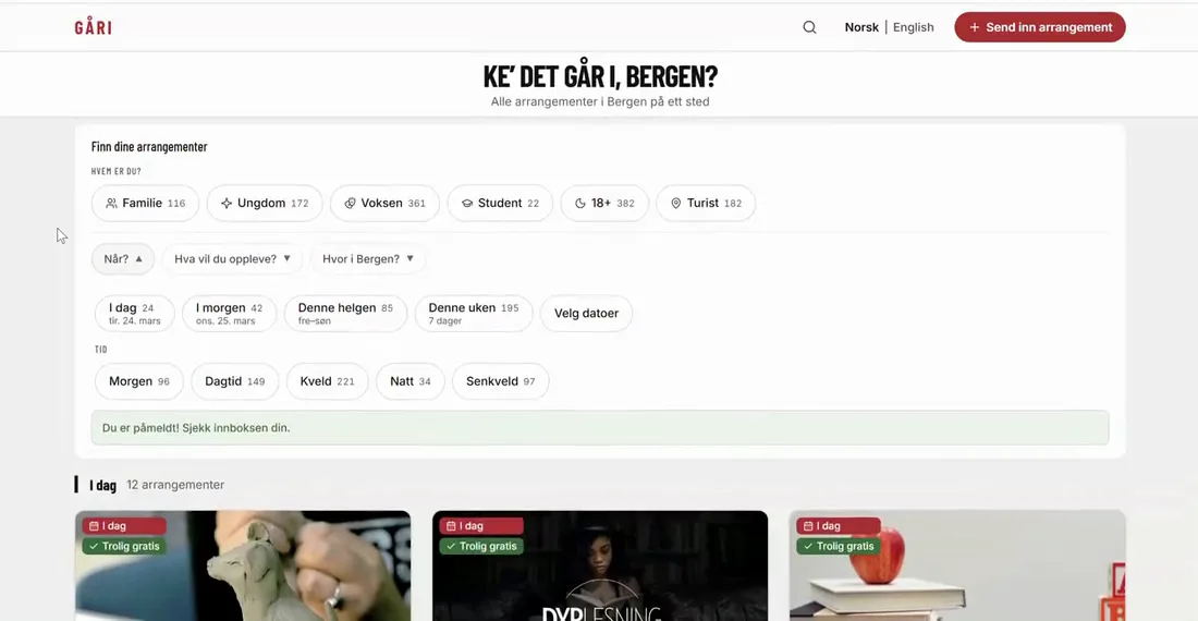 The Gåri site, filtering events in Bergen