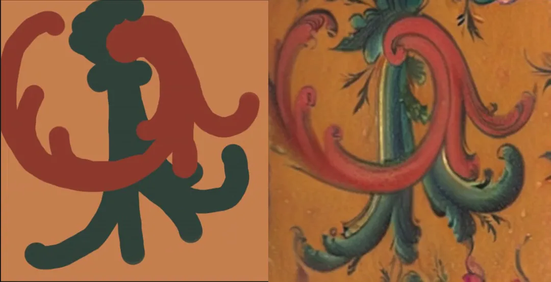 Left: a visitor drawing on the tablet. Right: the AI answering in rosemaling, live