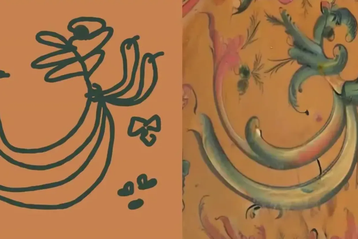 A visitor's drawing and the AI's rosemaling answer to it