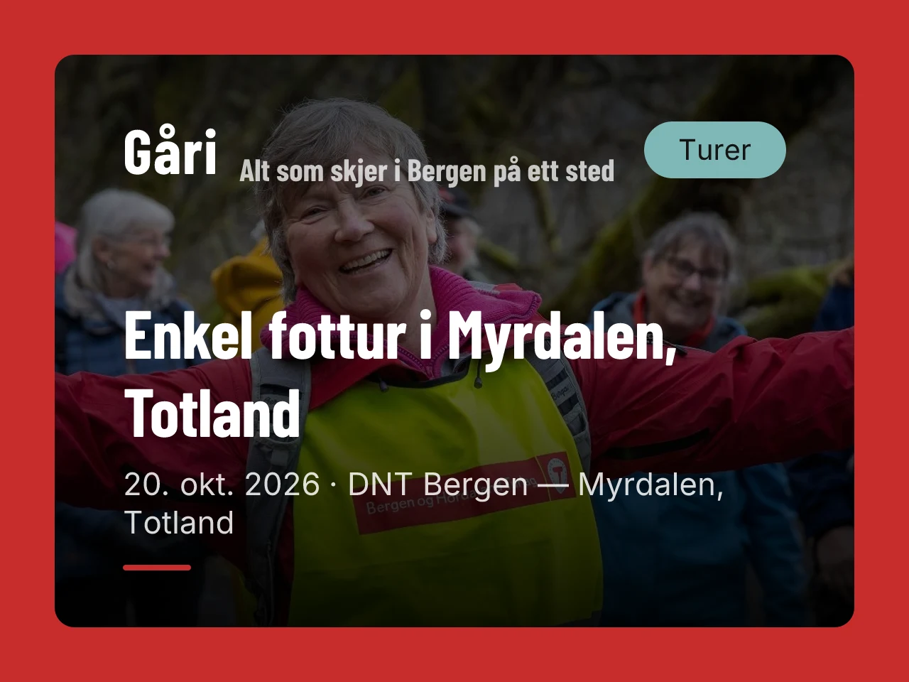 Gåri: an event card for an easy hike in Myrdalen, with a smiling hiker
