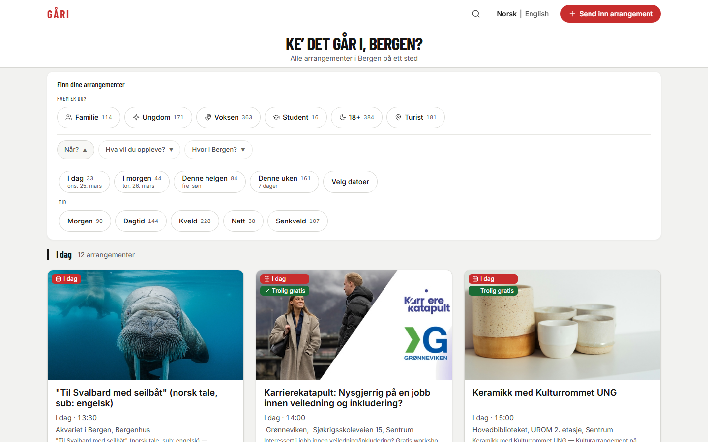 Gåri hovedside — eventgrid med filterpanel