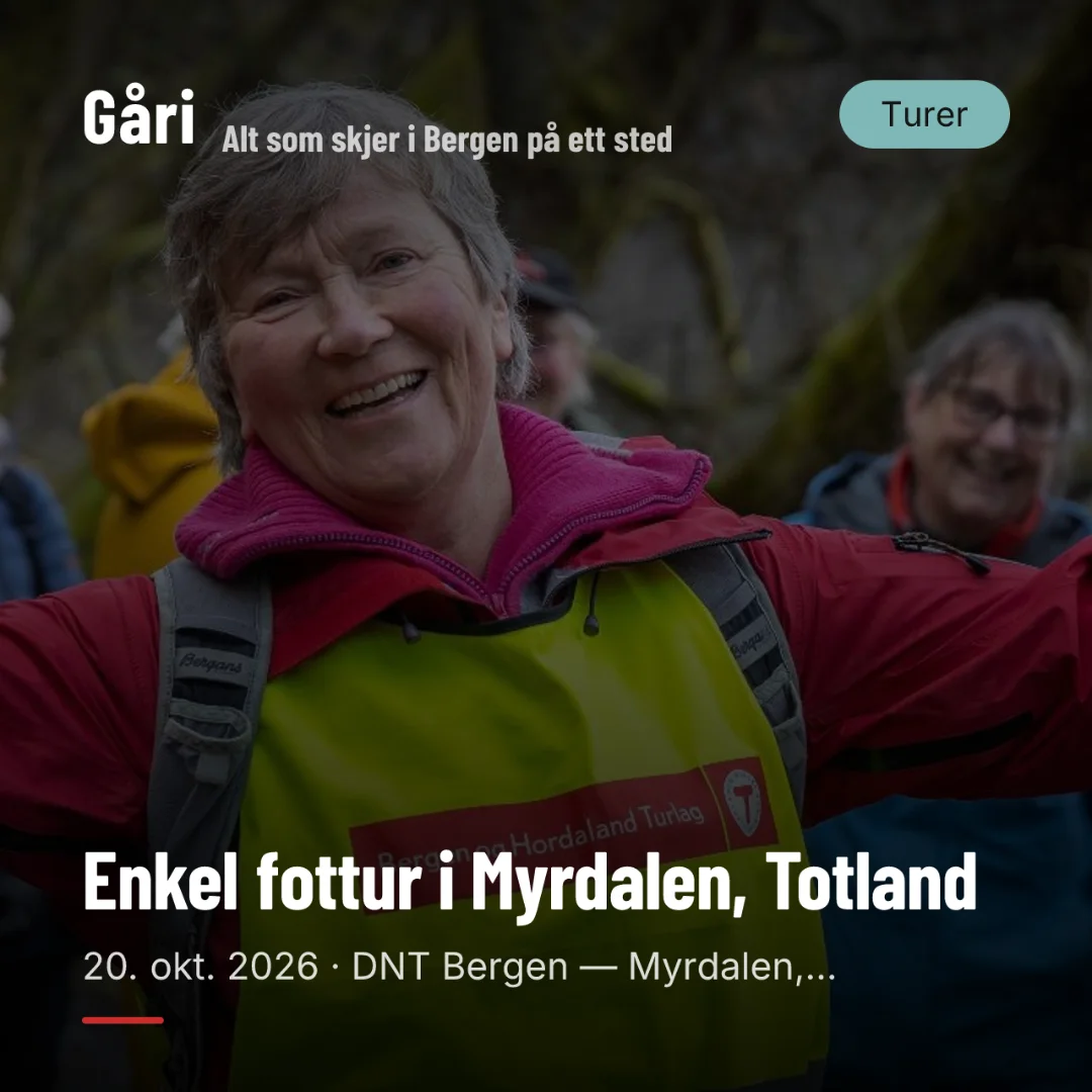 Gåri: a hiker smiling with her arms spread, on an event card for an easy walk in Myrdalen