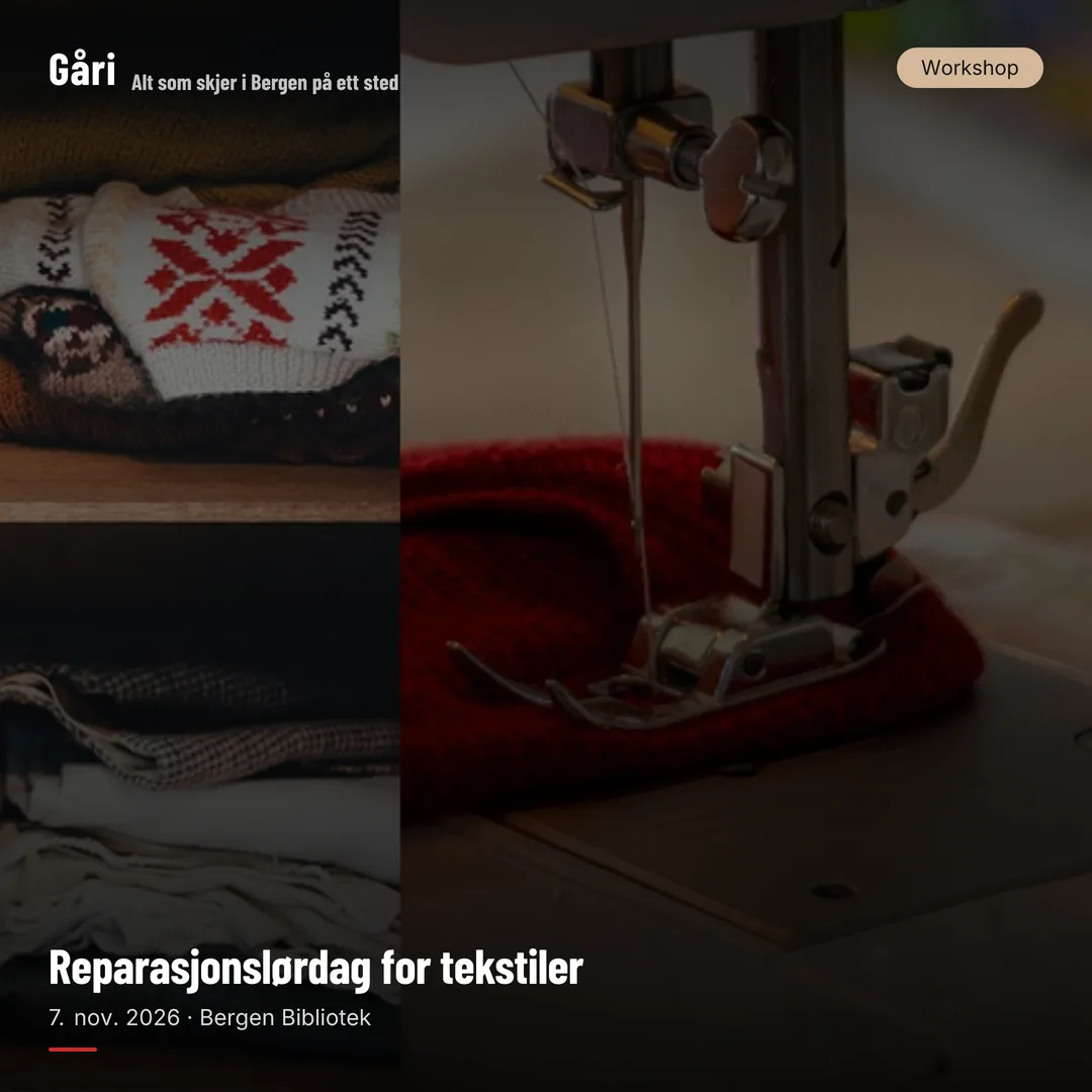 Square sharing image for a textile repair day at the library, a sewing machine and a knitted sweater