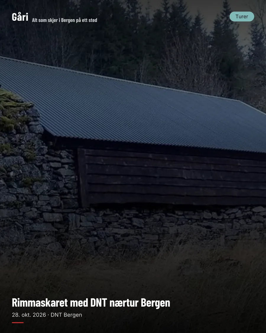 Sharing image for a Norwegian Trekking Association outing near Bergen: a stone barn in a field, with the title and date over it