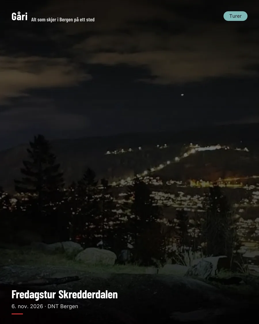 Sharing image for a Friday evening trip with the Norwegian Trekking Association: a dark valley with lights on the hillside