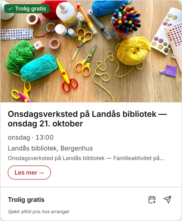 An event card for a craft workshop at Landås library, with a photo of yarn and craft supplies