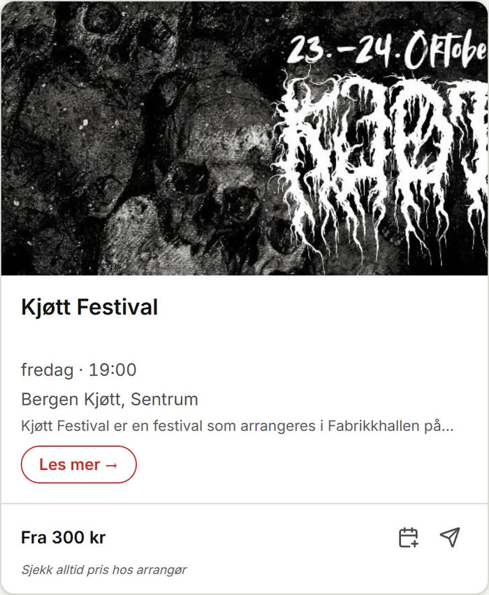 An event card for the Kjøtt Festival at Bergen Kjøtt, with a black-and-white poster as the photo
