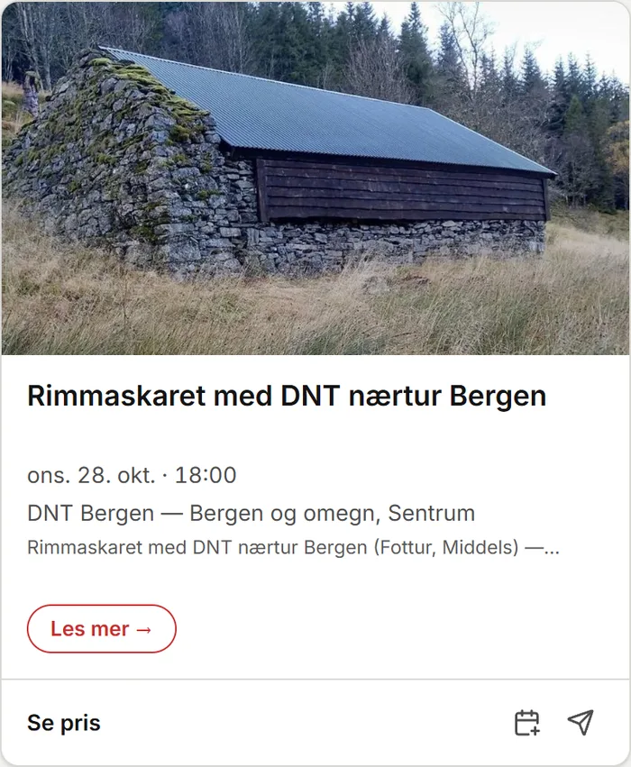 An event card in the listing: a photo of a stone barn, the title, the time and place, and a button to read more