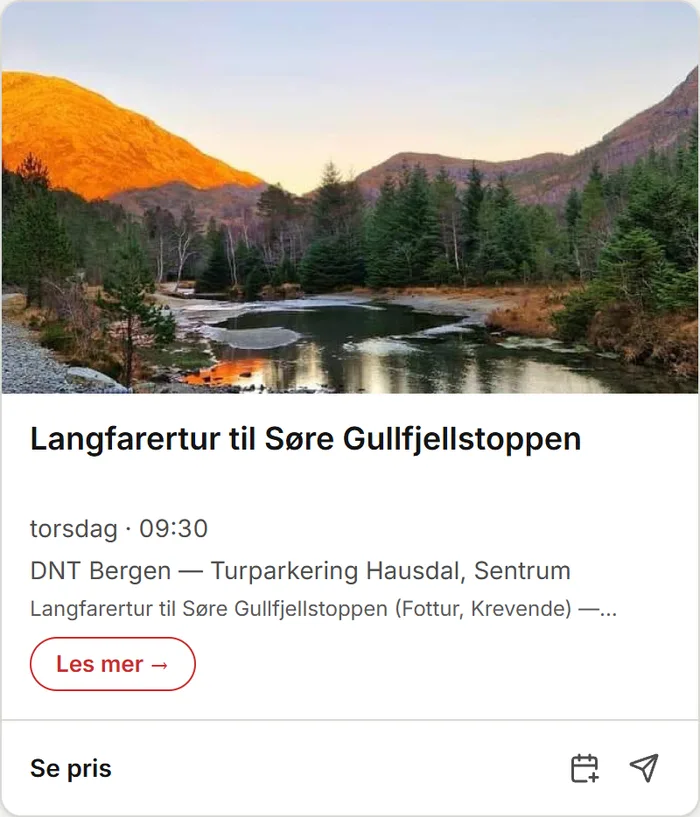An event card for a day trip to a mountain summit, with a photo of a river and mountains