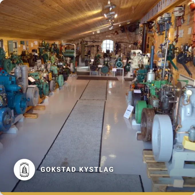 Gokstad Kystlag: rows of old boat engines in a long hall
