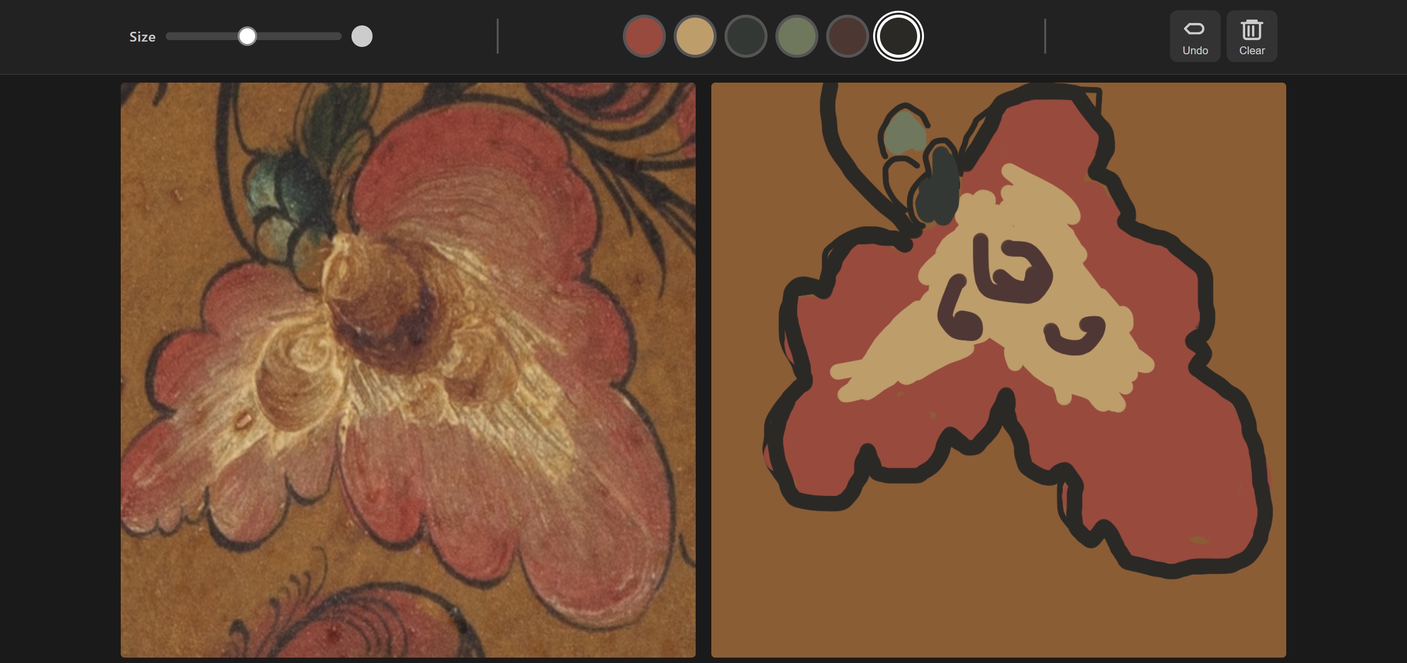 Tegneflaten — referansebilde til venstre, brukerens tegning til høyre