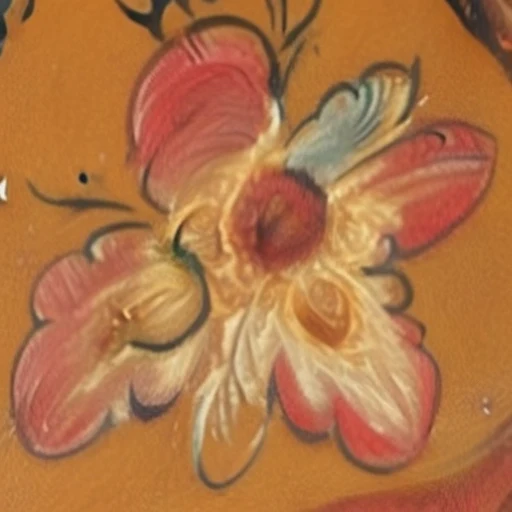 Rosemaling: a red and cream flower with a pale blue-green petal, on amber