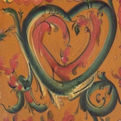 Rosemaling: a green scrollwork heart around red petals, on amber