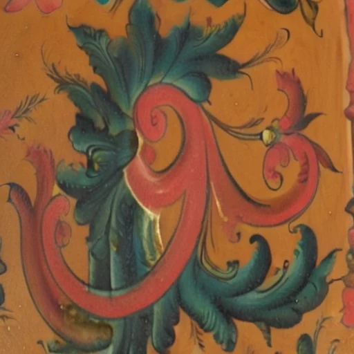 Rosemaling: a coral scroll curling through dark green acanthus leaves, on amber