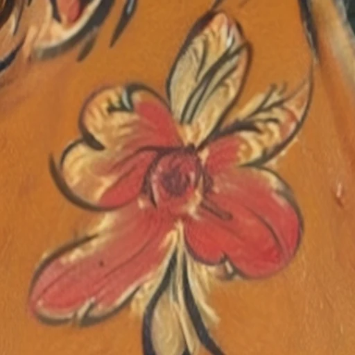 Rosemaling: a coral flower with cream-edged petals, on amber