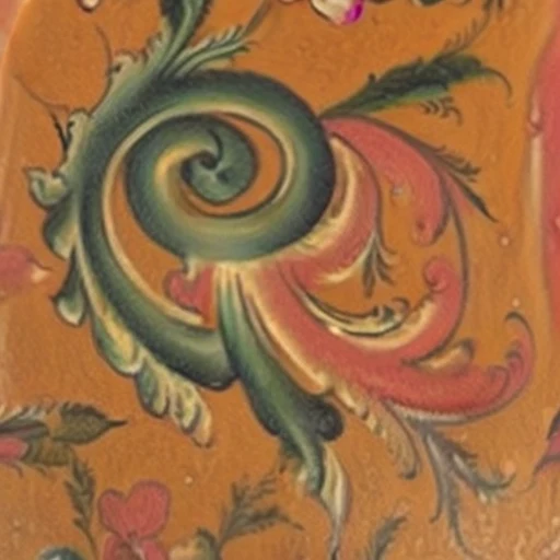 Rosemaling: a green spiral scroll opening into coral leaves, on amber