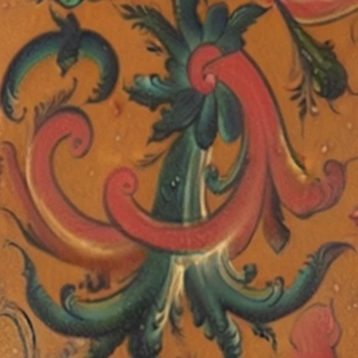 Rosemaling: coral scrollwork curling beneath a green flower, on amber