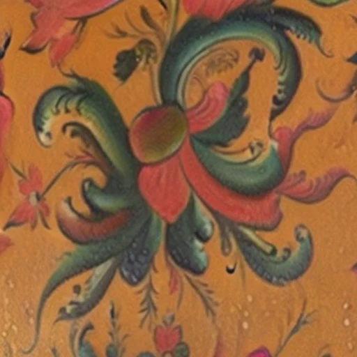Rosemaling: a coral flower cupped by green scrollwork, on amber