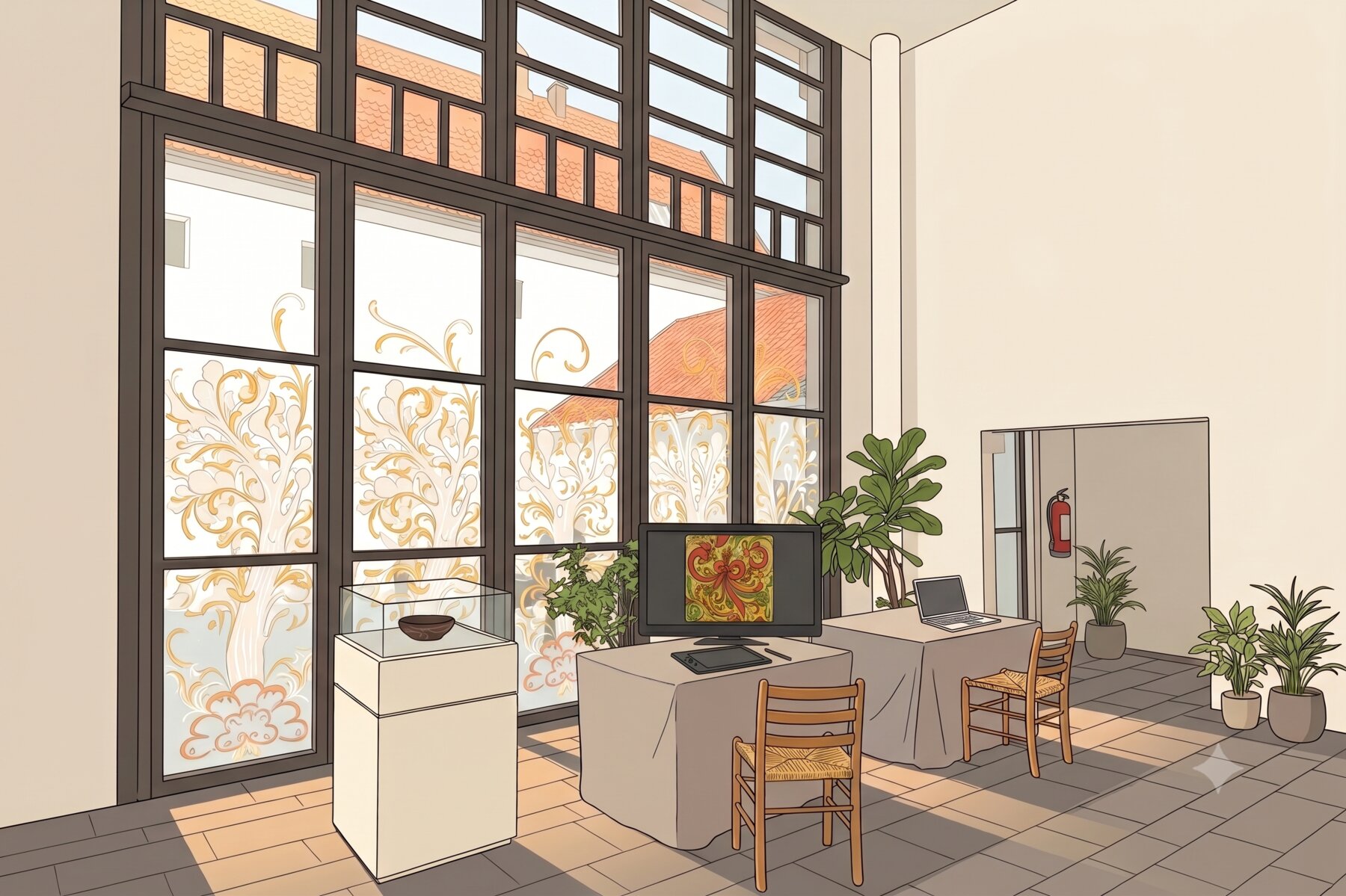 Drawing of the installation space, with the display case, the drawing station and my station